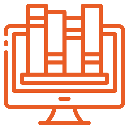 ordinateur et livres qui sortent de l'écran couleur orange
