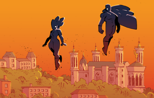 Biennale comics deux personnages super heros et heroine 
