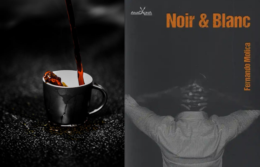 couverture du livre noir et blanc un homme noir de dos les mains en l'air derrière le coup et photo en noire de café qui est versé et deborde