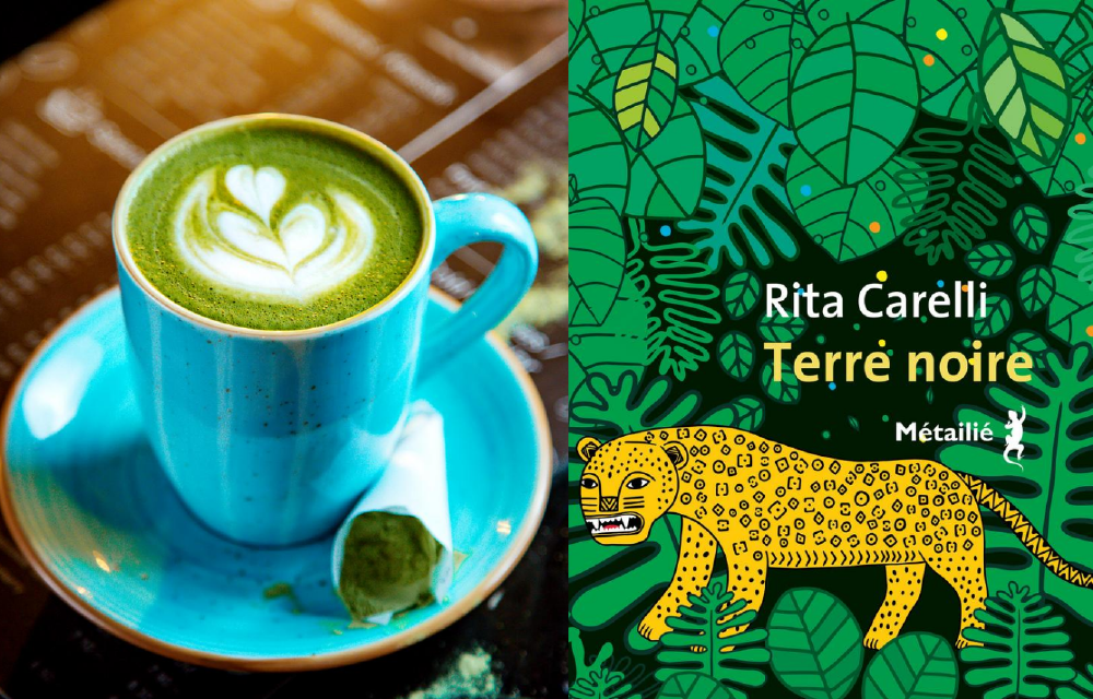 couverture du livre terre noire avec jaguar dans la jungle et photo de  tasse avec breuvage vert