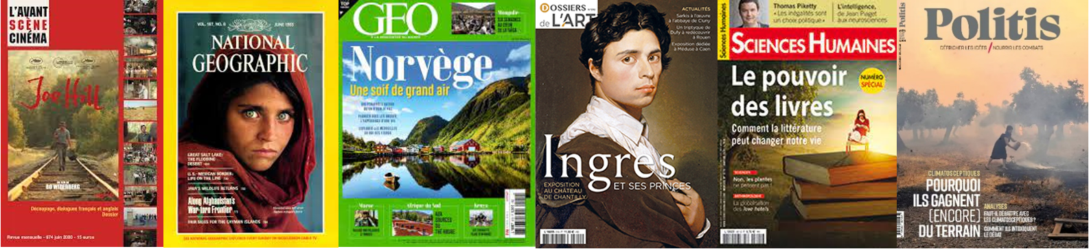 Couvertures des revues disponibles à la bibliothèque : Avant scène cinéma, National Geographic, Geo, Dossier de l'Art, Sciences Humaines et Politis